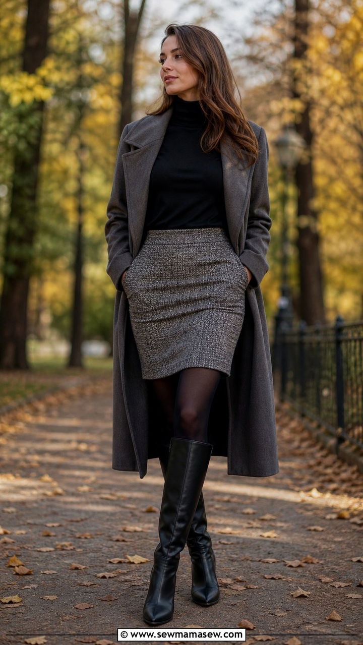 Gray Tweed Pencil Skirt With Turtleneck - 40 pencil skirt outfits