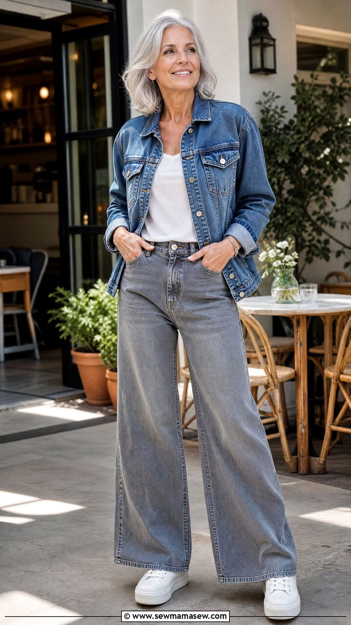 Gray Wash Wide Leg Jeans With Denim Jacket And White Sneakers - 35 Jeans outfit ideas for women over 50