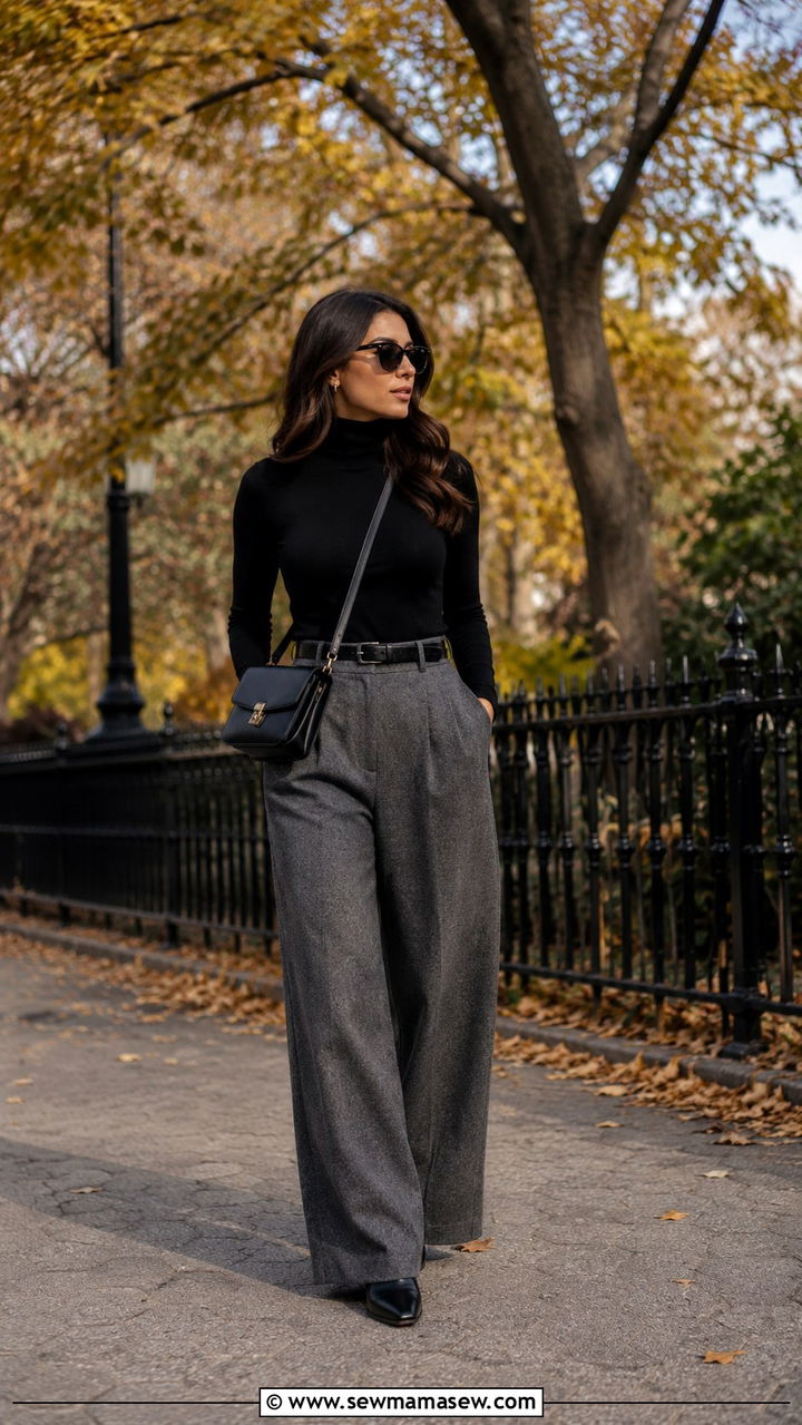 Gray Wide Leg Trousers With Black Fitted Turtleneck - 30 Modest outfit ideas with wide leg pants