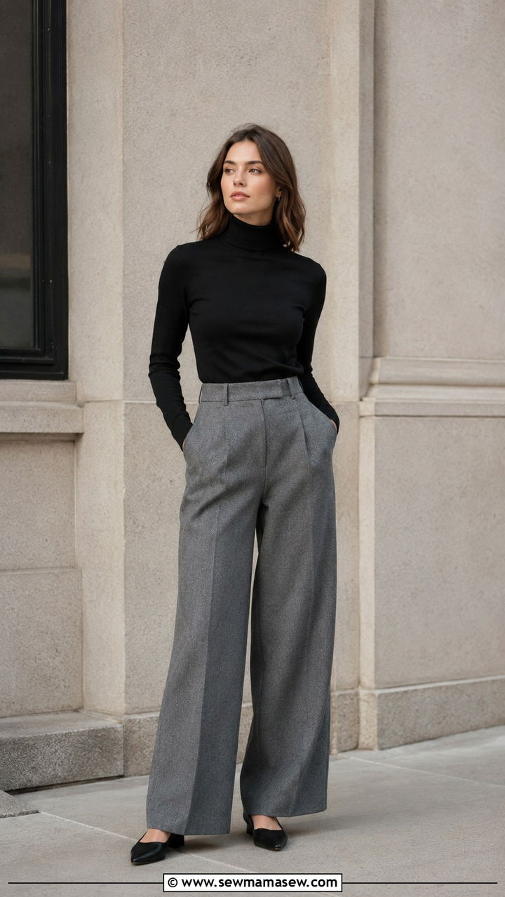 Gray Wide Leg Trousers and Black Turtleneck - 30 Gray outfit ideas