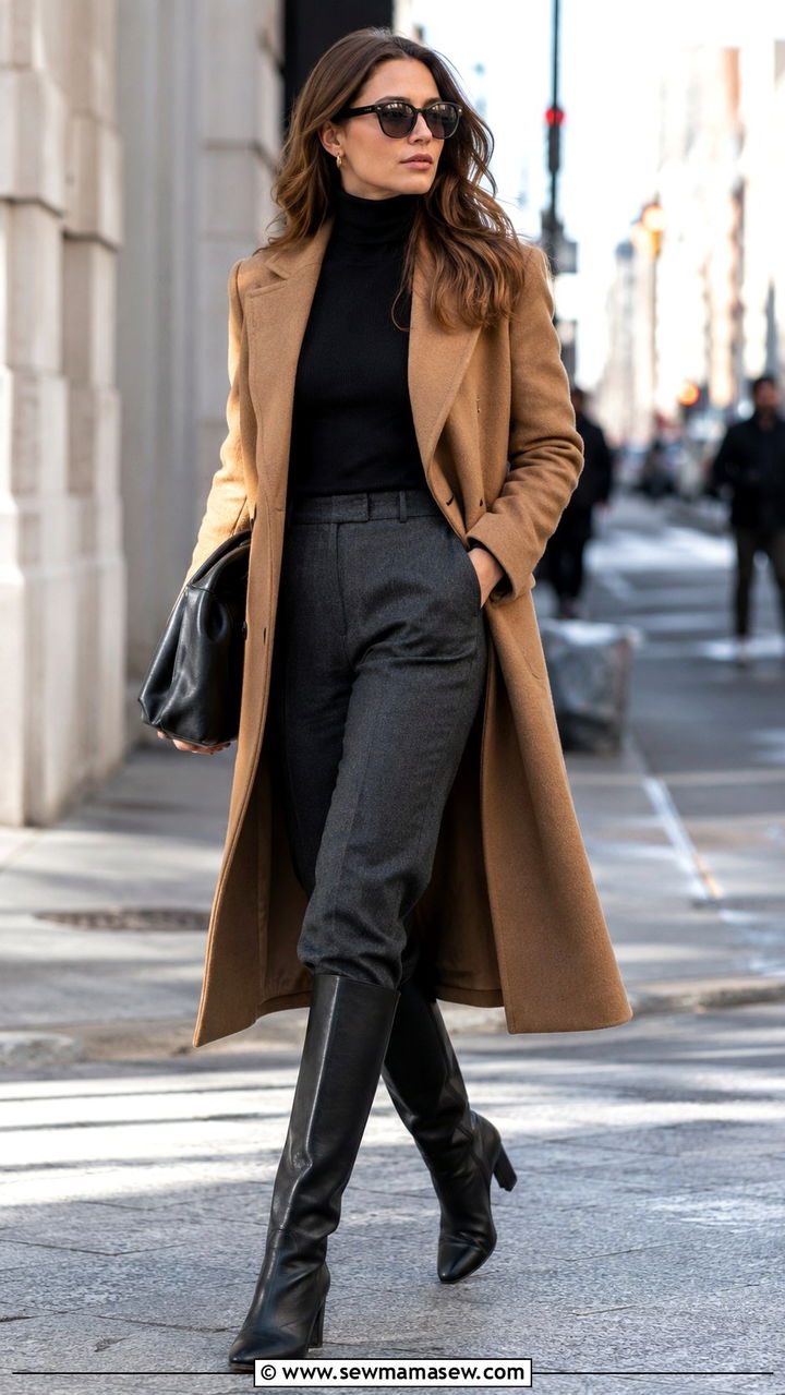 Gray Wool Trousers With Knee High Boots - 30 trousers outfit ideas for women