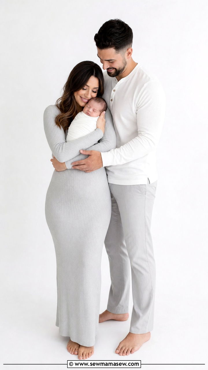 Gray and white studio family outfit for newborn photos - 25 Family photo outfit ideas with newborn
