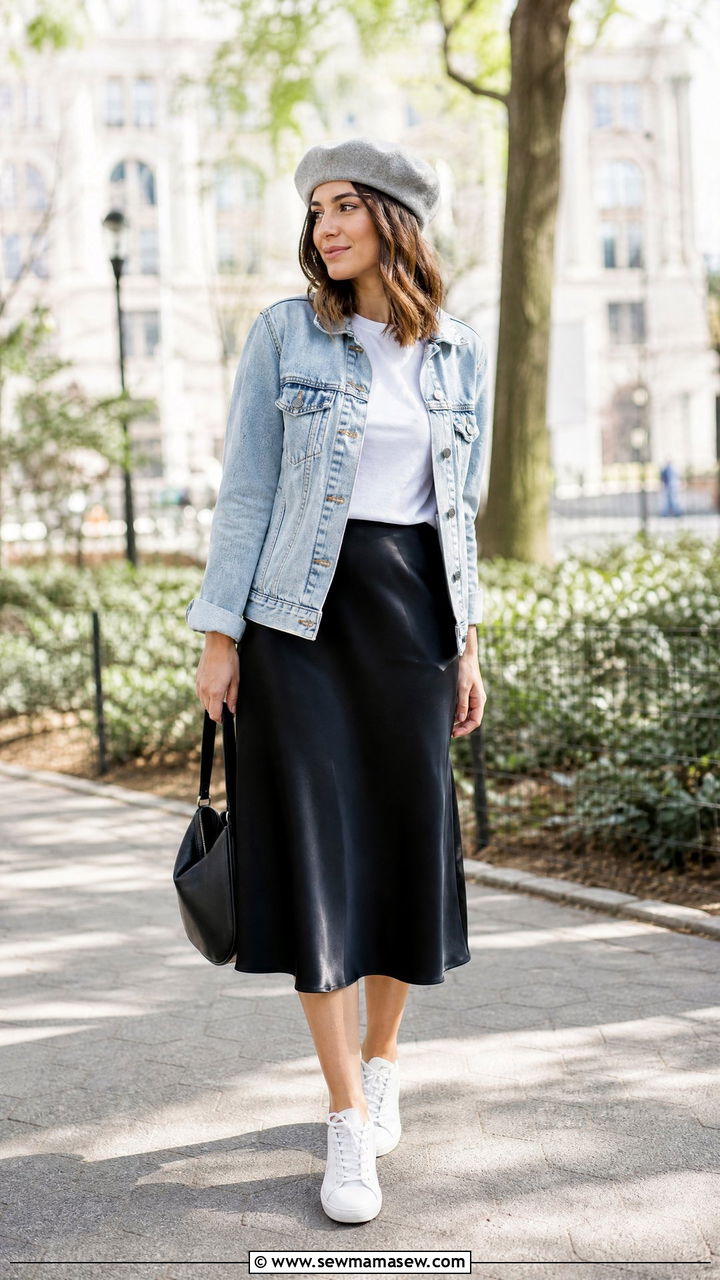 Gray beret with a denim jacket and midi skirt - 35 Beret outfit ideas