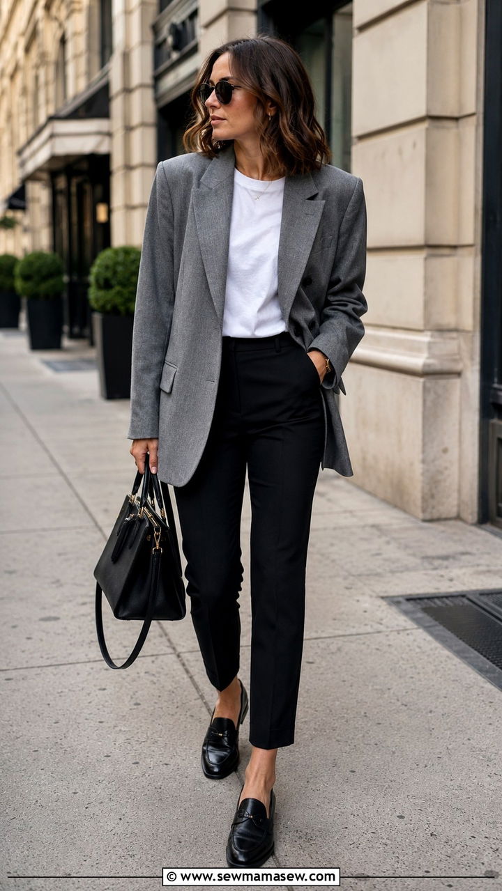 Gray blazer with black trousers - 30 Gray outfit ideas for work