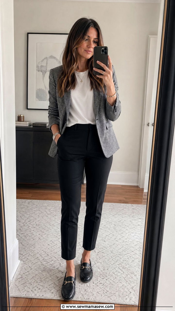 Gray blazer with slim black pants - 35 First day of work outfit ideas