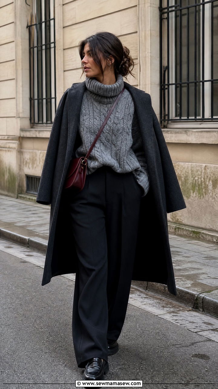 Gray cable knit sweater and wide leg trousers - 20 French girl outfit ideas Lea Seydoux