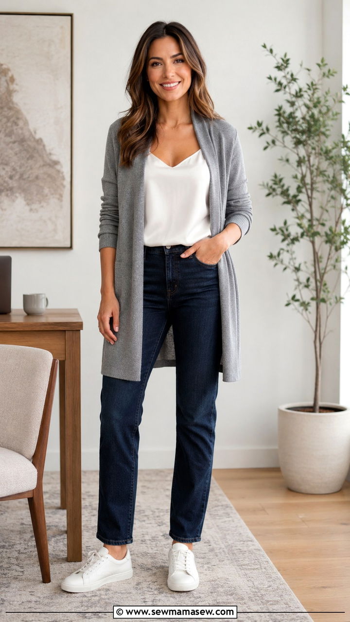 Gray cardigan white camisole and dark jeans - 25 Virtual presentation outfit ideas