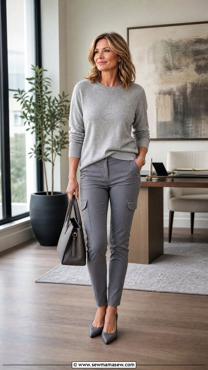 Gray cargo pants with cashmere sweater outfit - 25 Cargo pants outfit ideas for women over 40