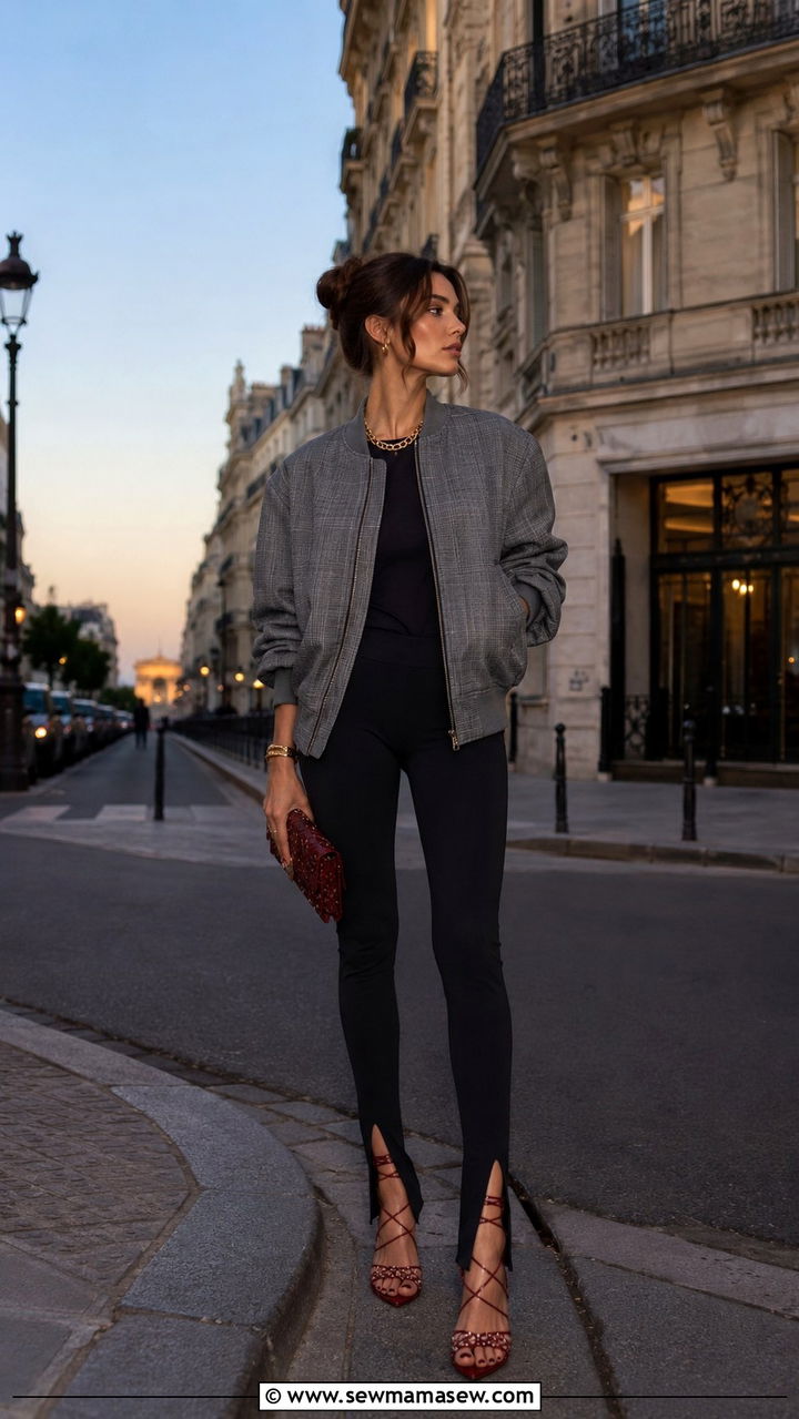 Gray check bomber jacket with inky top and Balenciaga leggings - 25 Rihanna summer outfit ideas