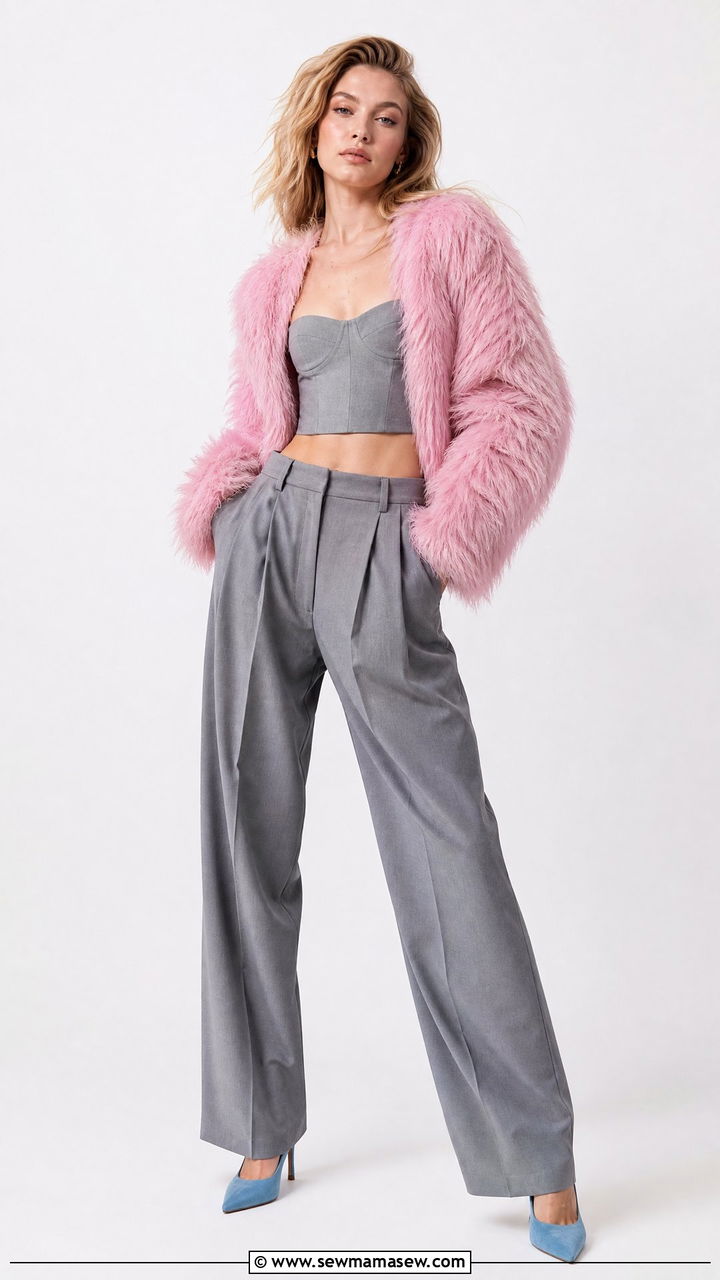 Gray cropped bustier with pleated wide leg pants and a pink fur jacket - 35 Gigi Hadid spring outfit ideas