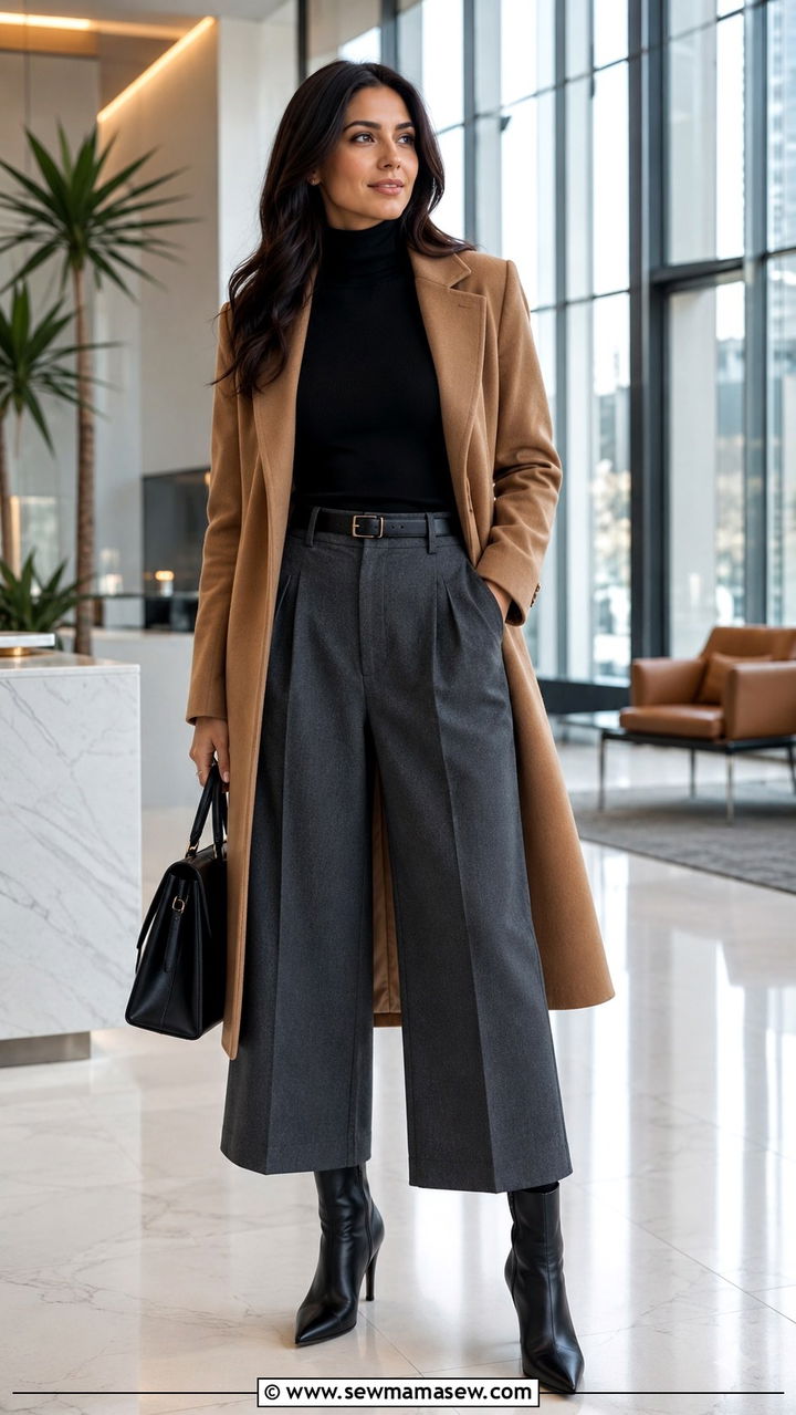 Gray culottes with fitted turtleneck - 30 Gray outfit ideas for work