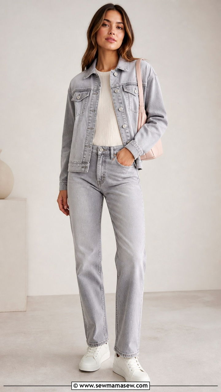 Gray denim jacket and gray denim jeans - 40 Denim on denim outfit ideas
