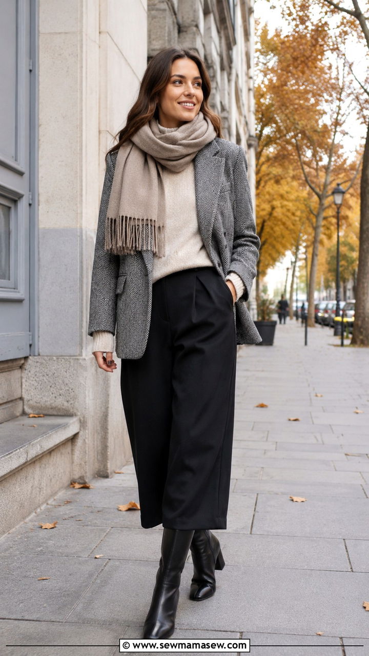 Gray herringbone blazer with a cashmere sweater and knee high boots - 25 Wide leg black pants outfit ideas with a blazer