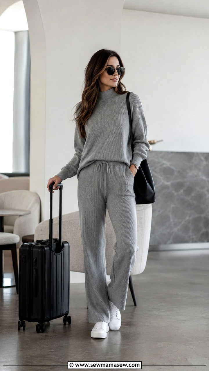 Gray knit set and white sneakers travel outfit - 30 Minimalist outfit ideas for travel