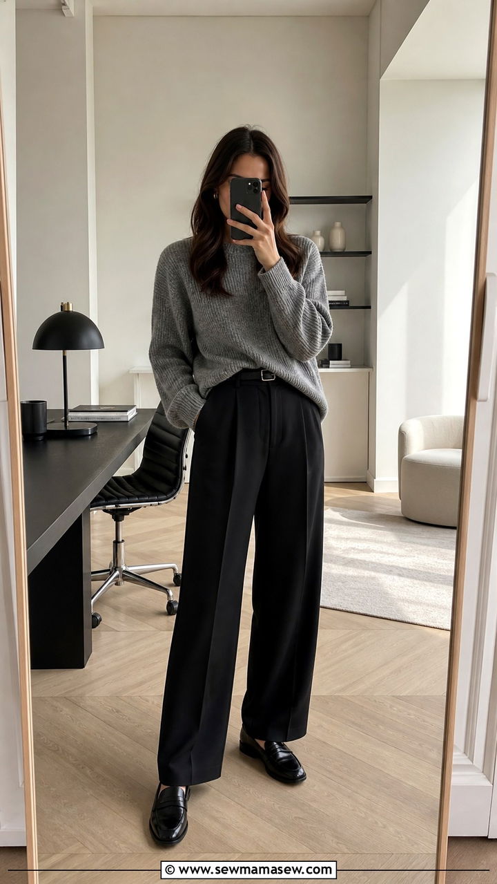 Gray knit sweater with black wide leg trousers and loafers outfit - 40 New job outfit ideas