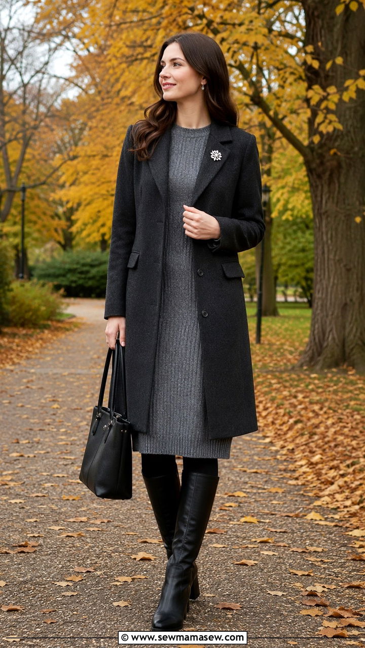 Gray knitted midi dress with a structured tailored coat - 30 modest job interview outfit ideas