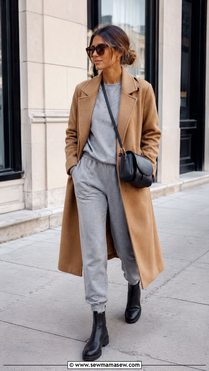 Gray lounge set with wool coat - 30 how to style matching set outfits