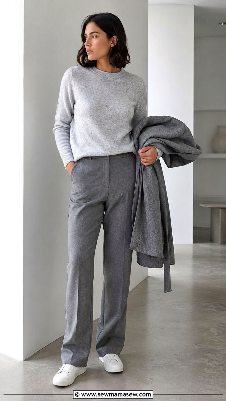 Gray monochrome outfit with knit sweater and tailored trousers - 25 Quiet luxury on a budget outfit ideas