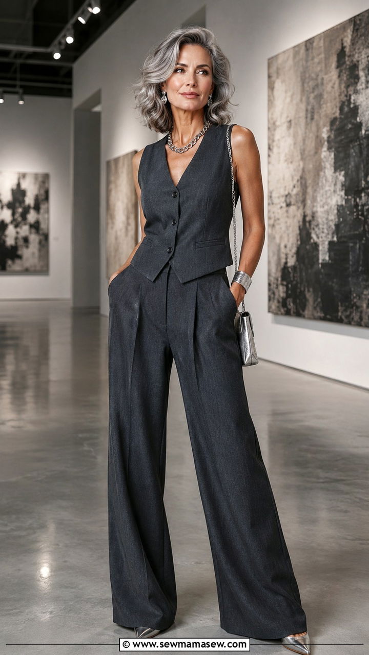 Gray monochrome outfit with silver jewelry - 25 Quiet luxury outfit ideas for women over 40