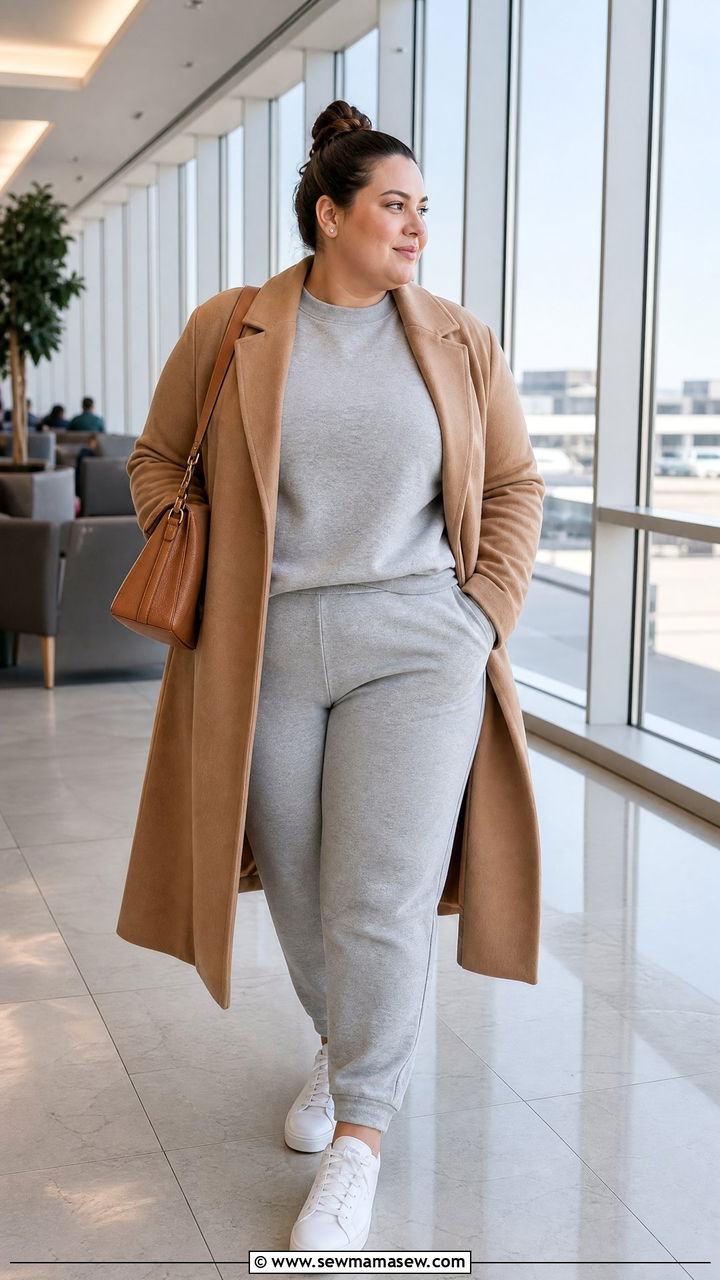 Gray monochrome sweatsuit with a longline coat - 30 Clean girl outfit ideas plus size