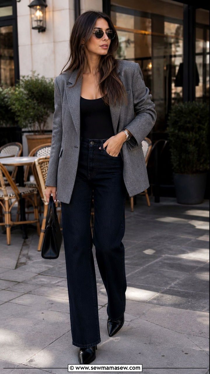 Gray oversized blazer with dark denim jeans - 40 Chic work outfit ideas