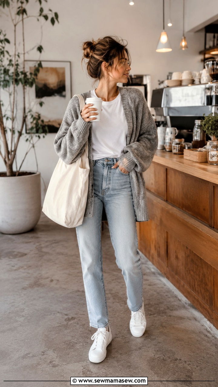 Gray oversized cardigan with high waisted light wash jeans - 30 High waisted jeans outfit ideas with a cardigan
