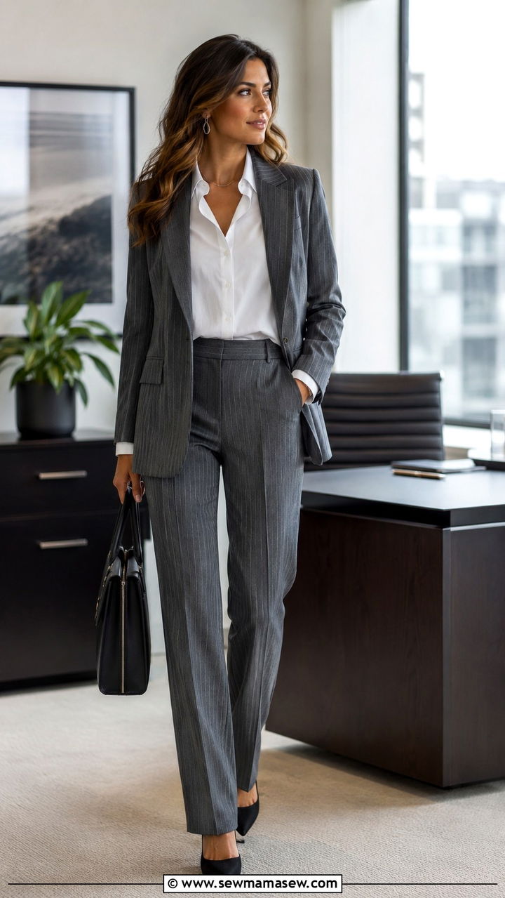 Gray pinstripe suit with pointed pumps - 30 Gray outfit ideas for work