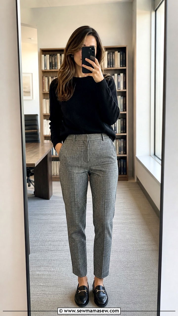 Gray plaid trousers with black crewneck sweater and loafers outfit - 40 New job outfit ideas