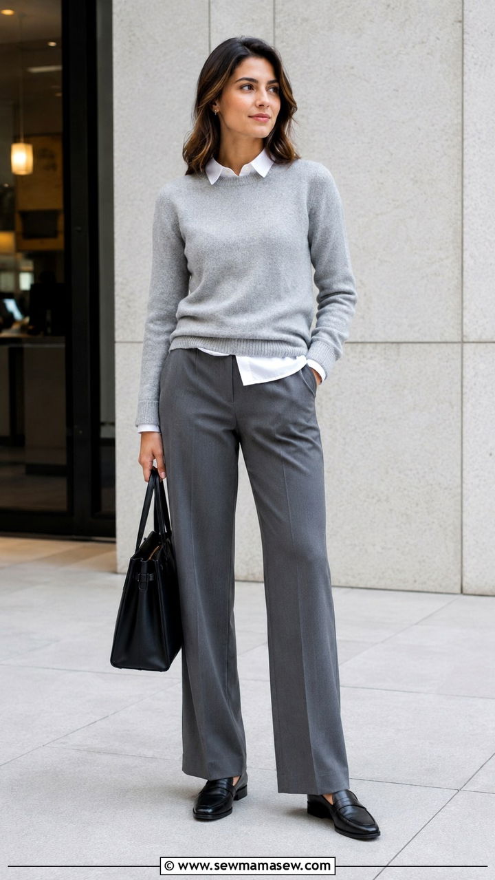 Gray sweater layered over white shirt with tailored trousers - 30 Spring minimalist outfits 2026