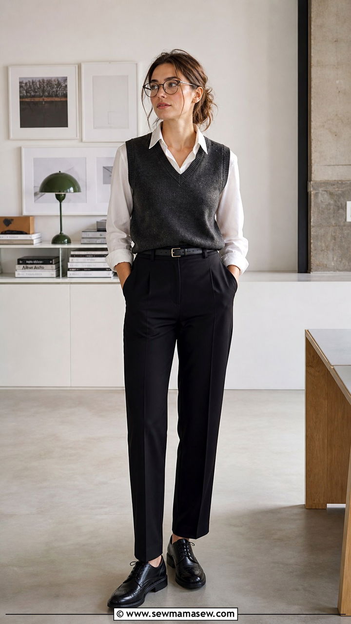 Gray sweater vest over white button down with black trousers - 20 Architect outfit ideas