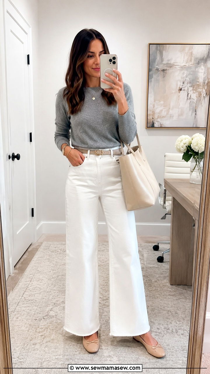 Gray sweater with white wide leg jeans - 30 business casual outfits inspo