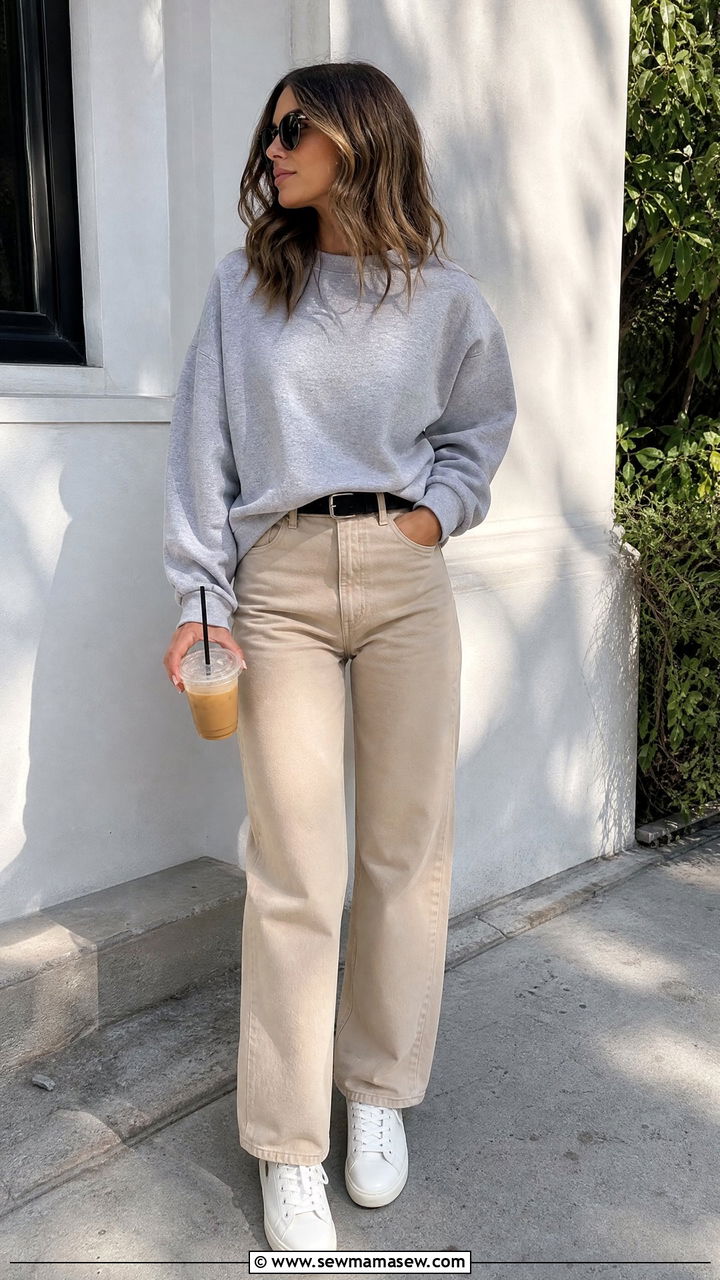 Gray sweatshirt with beige jeans outfit - 25 Outfit ideas for women over 40 casual 2026