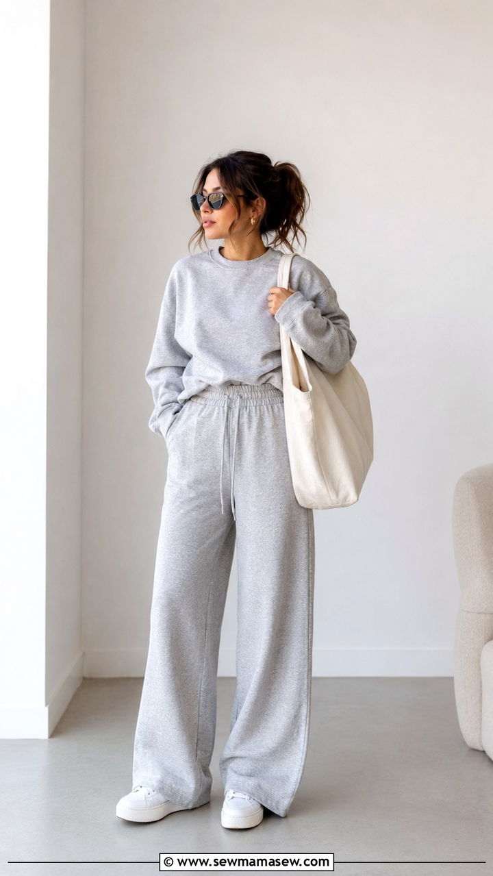 Gray sweatshirt with matching wide leg sweatpants - 25 Petite wide leg pants outfit ideas