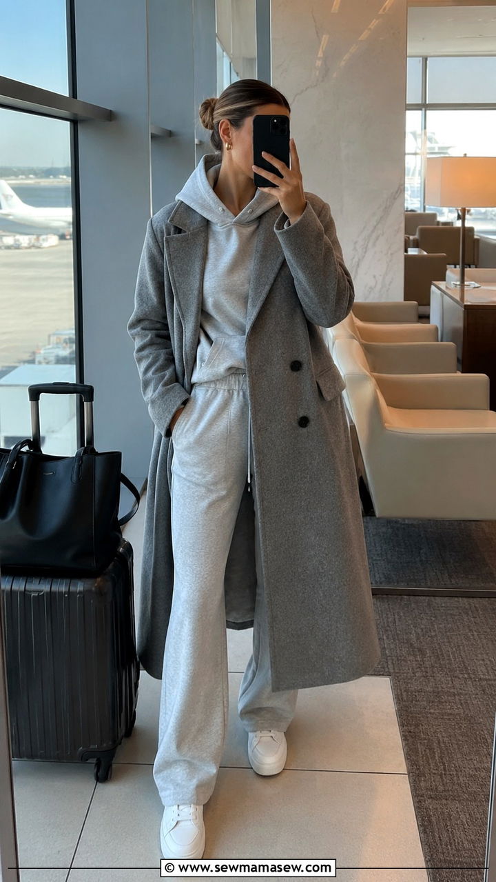 Gray sweatsuit and structured coat travel outfit - 30 Minimalist outfit ideas for travel