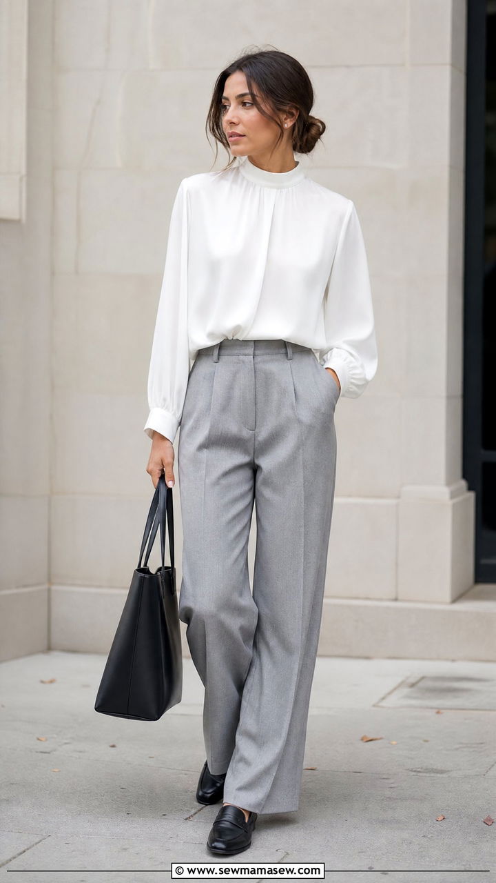 Gray tailored trousers with blouse - 35 Funeral outfit ideas for women