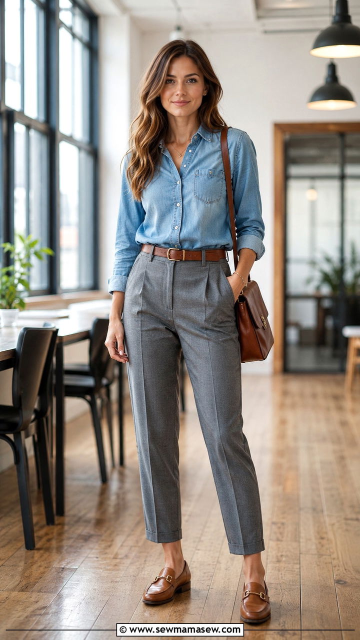 Gray trousers with denim shirt - 30 Gray outfit ideas for work