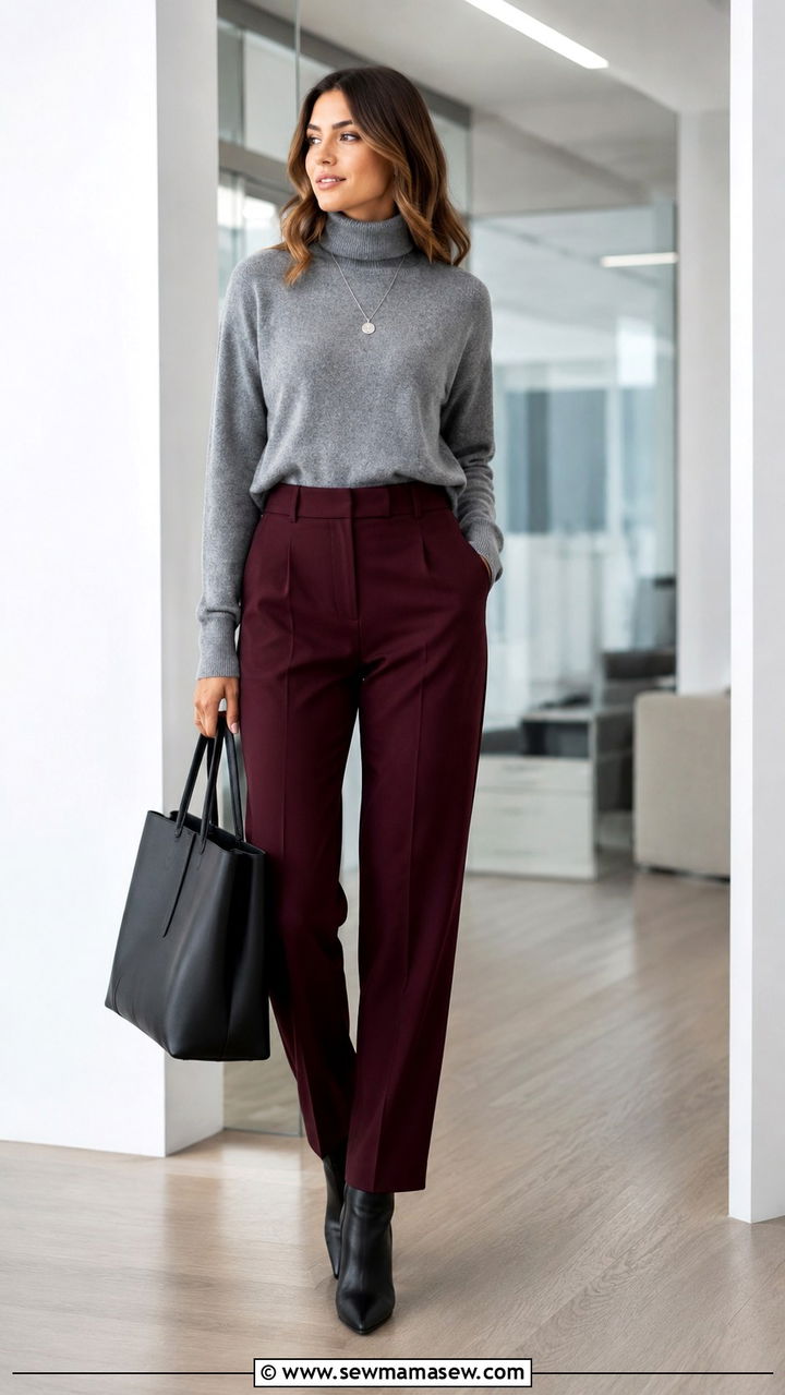 Gray turtleneck with burgundy trousers and black accessories - 30 Sweater outfit ideas for work