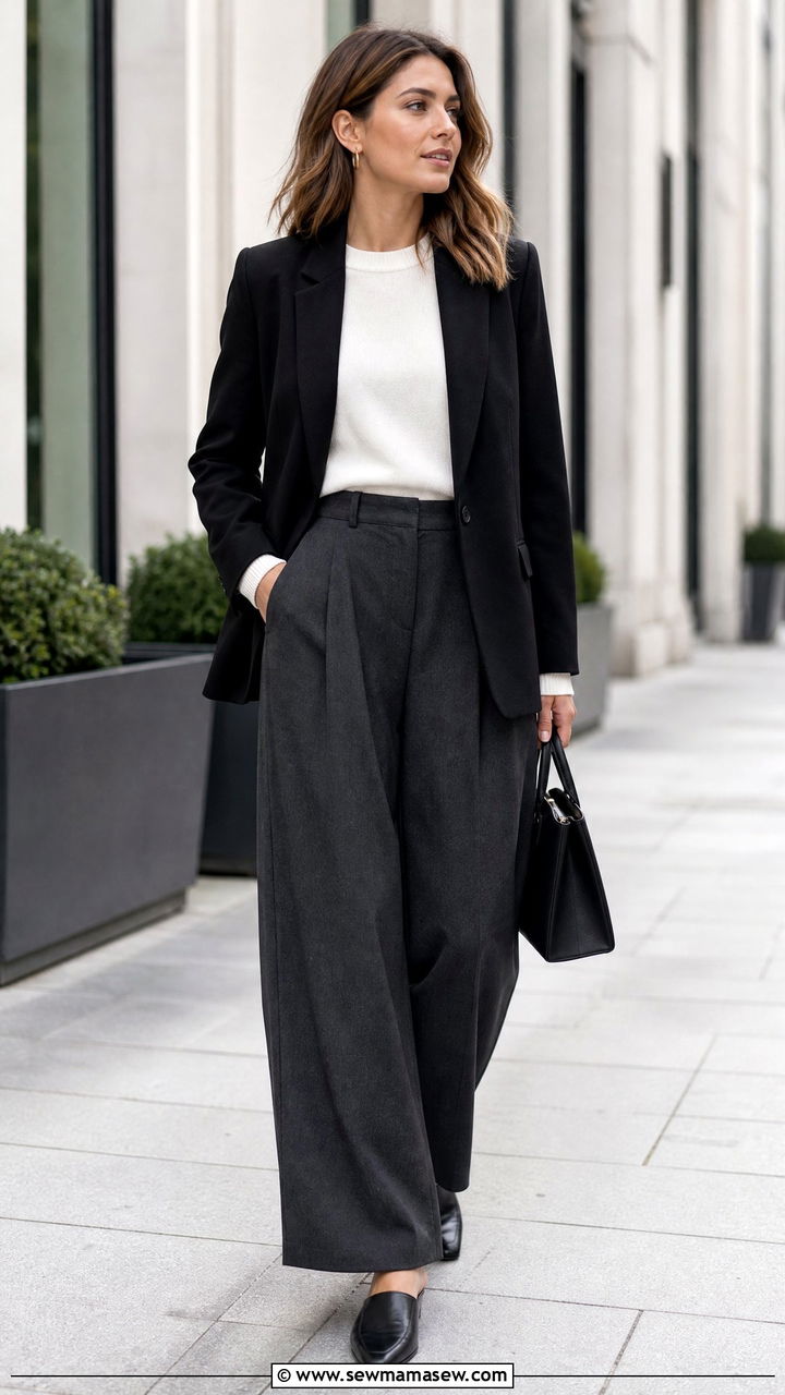 Gray wide leg trousers with a black blazer - 25 Wide leg trousers outfit ideas with a blazer