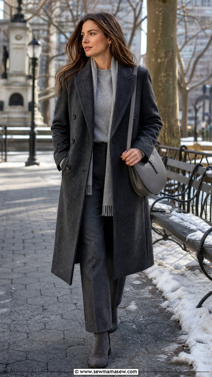 Gray wool coat and gray cashmere sweater outfit - 40 Monochromatic outfit ideas
