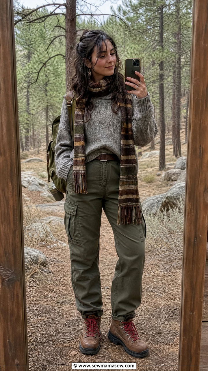 Gray wool sweater and dark green cargo pants with hiking boots - 30 Goblincore outfit ideas