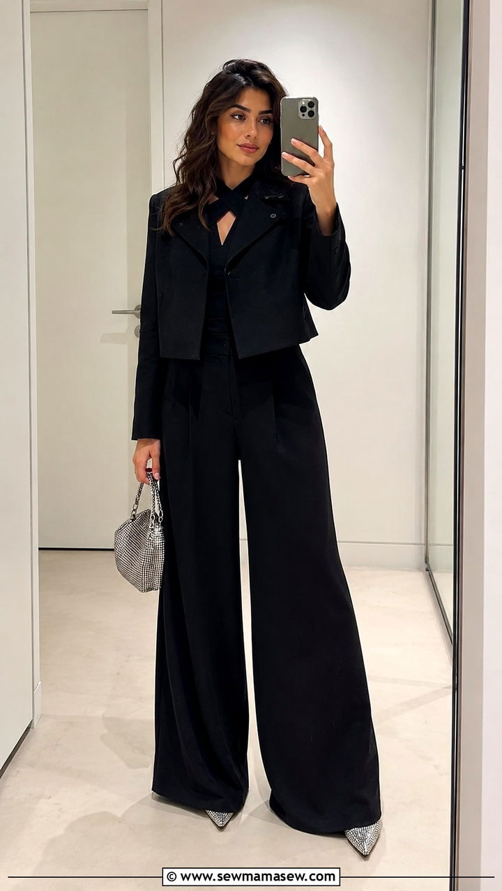 Grece Ghanem All Black Wide Leg Pants and Pumps Outfit - 20 Grece Ghanem outfit ideas