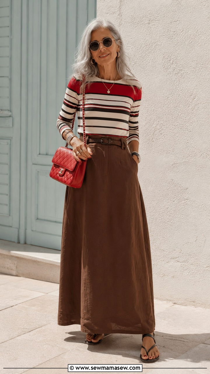 Grece Ghanem Striped Top and Long Brown Skirt Outfit - 20 Grece Ghanem outfit ideas