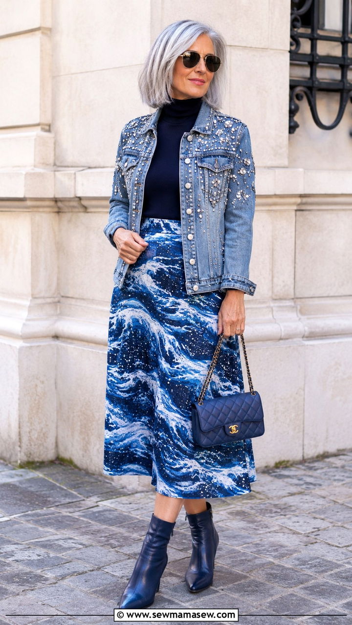 Grece Ghanem Turtleneck and Embellished Denim Jacket Outfit - 20 Grece Ghanem outfit ideas