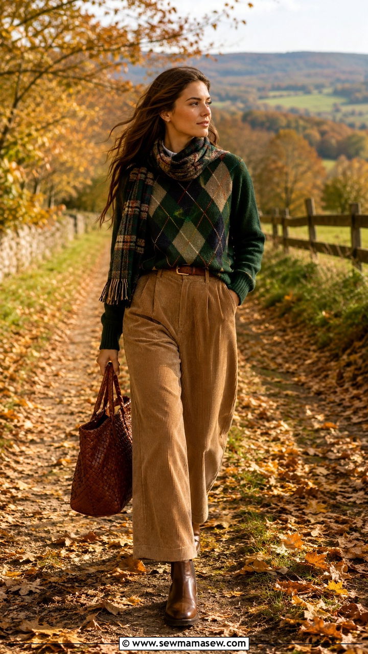 Green Argyle Sweater with Corduroy Trousers - 25 Old money outfit ideas with argyle sweater