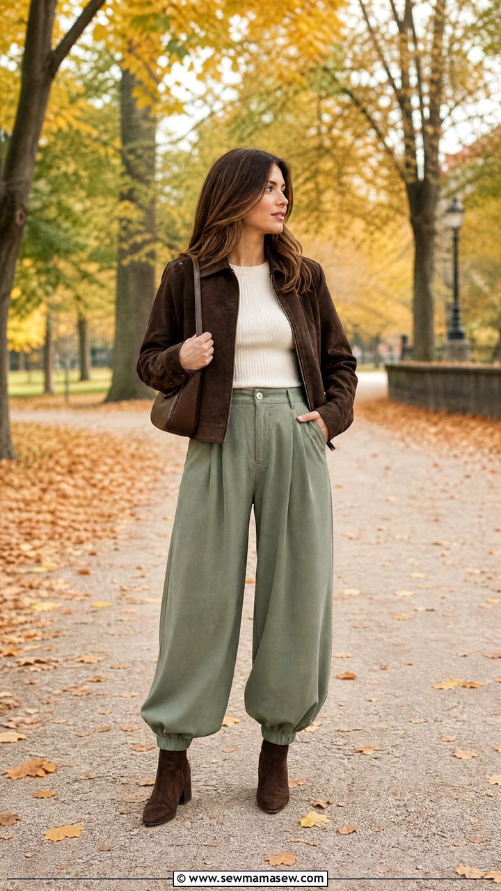 Green Balloon Pants With Brown Suede Jacket And Accessories - 30 cute balloon pants outfits