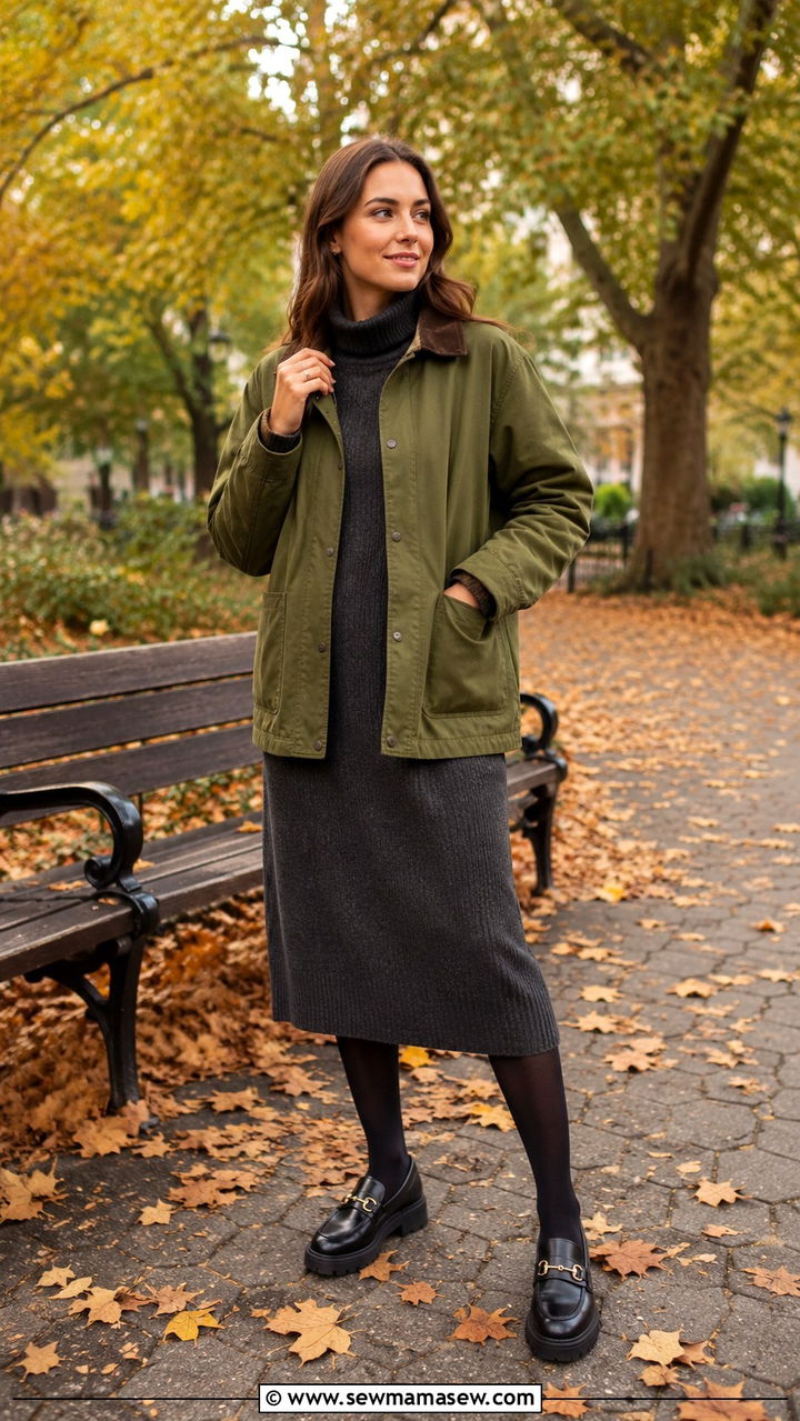 Green Barn Jacket With Knit Dress And Chunky Loafers - 25 Old money outfit ideas with barn jacket