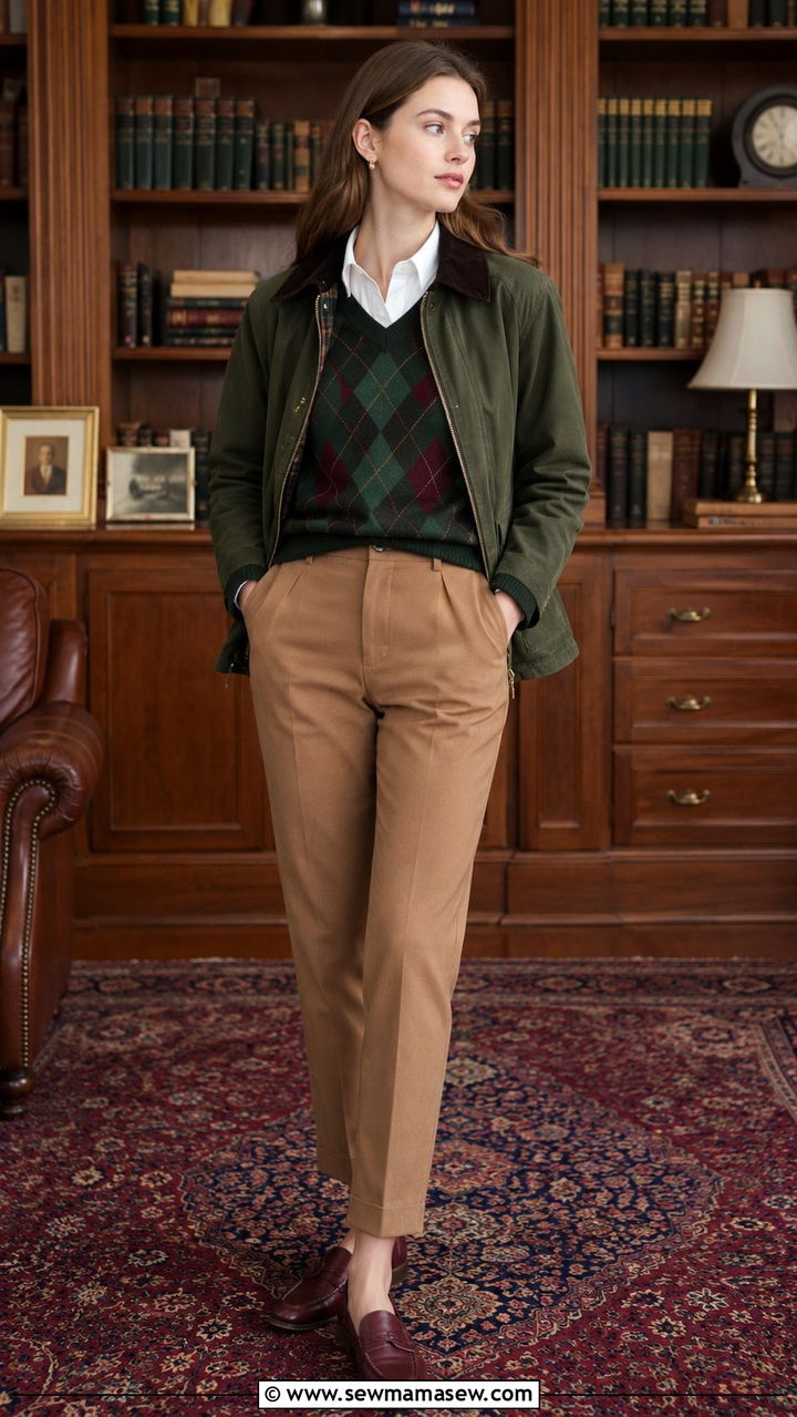 Green Barn Jacket With Sweater Vest And Loafers - 25 Old money outfit ideas with barn jacket