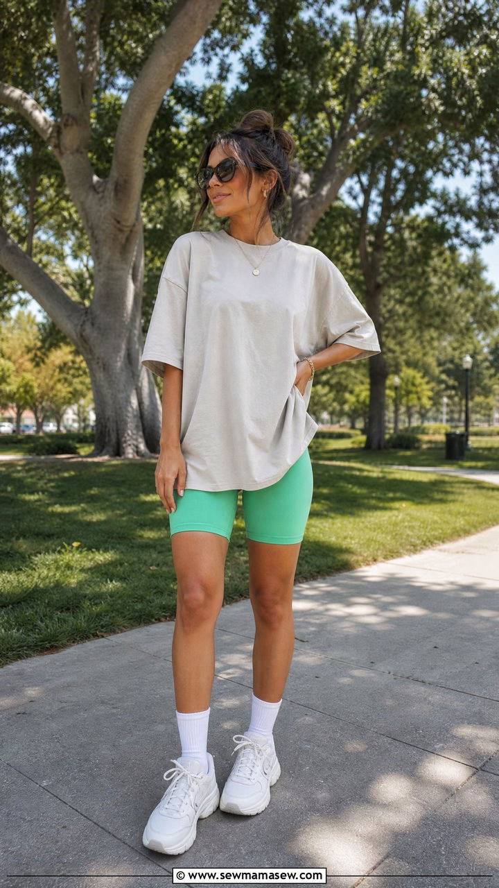 Green Biker Shorts With Oversized T Shirt - 30 Summer outfits with biker shorts