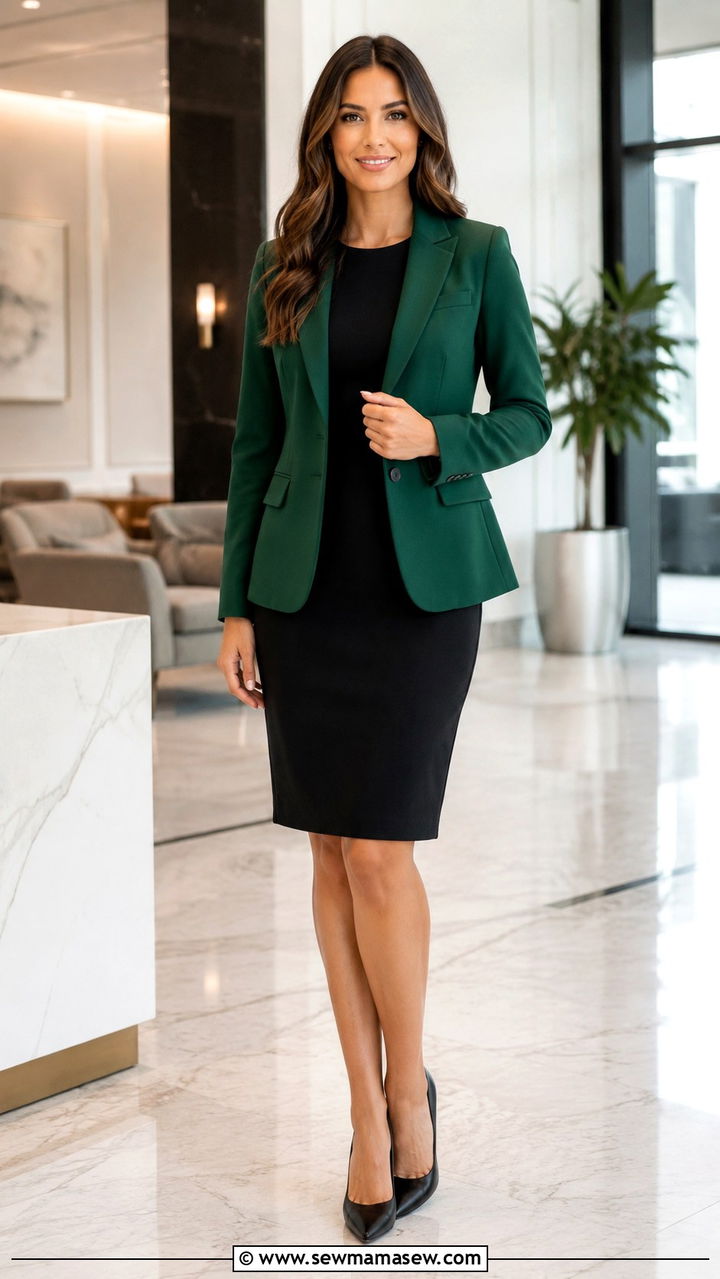 Green Blazer with Black Sheath Dress and Black Pumps - 30 Green outfit ideas for work