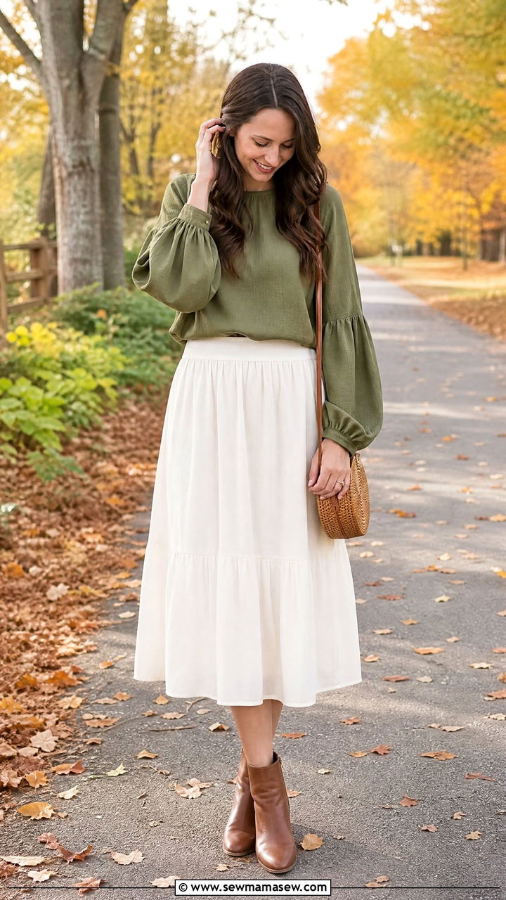Green Blouse Longsleeve with White Skirt - 25 outfit ideas for modest women
